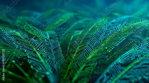 Abstract digital eco background with green glowing circuits forming leaves on a gradient teal and blue background. Futuristic environmental concept for sustainability visuals.