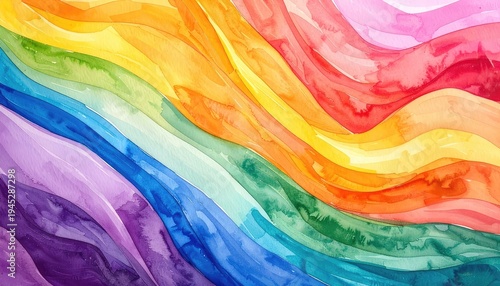 A vibrant watercolor painting showcases flowing bands of color, creating a dynamic and abstract composition reminiscent of a rainbow or flowing energy.