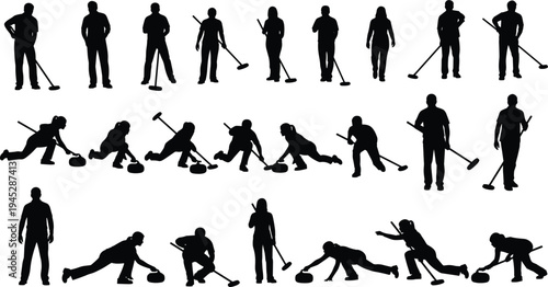 Curling player silhouettes collection, winter sport sweeping action poses, flat vector illustration isolated on white background design