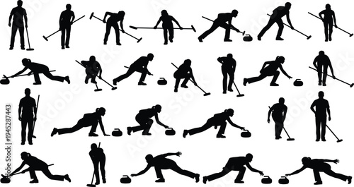 Curling sport player silhouettes set, winter ice game action poses vector illustration isolated on white background competition concept