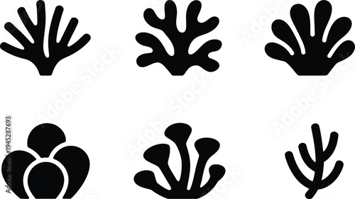 Six Black Coral Silhouettes On A White Background ocean marine