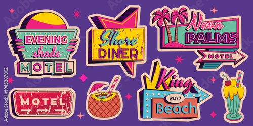 Vintage neon bar and motel signs with retro arrows and glowing lights. Vector cartoon illustration of classic American roadside signage set, vibrant nostalgic beach hotel, diner signboard collection