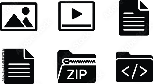 Six black icons for digital files documents and media formats Keywords: file, document, image