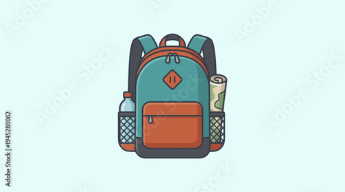 Stylized backpack icon in blue and brown with front, side pockets, and top flap patch, centered on gradient square background, symbolizing school, travel, and outdoor adventure.