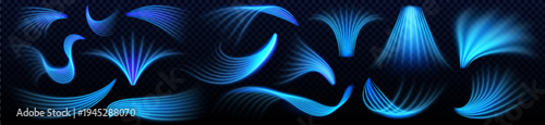 Fresh air flow with cool blue lines, light effects, realistic vector isolated on transparent background. Flowing cold wind patterns and clean breeze texture design, conditioner blow