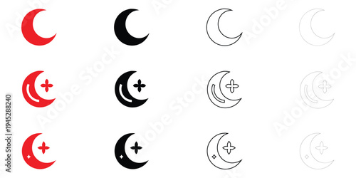 Crescent moon icon vector set, moon symbol vector, silhouette and outline icon illustration