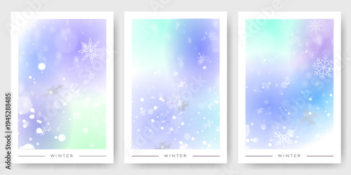 Elegant winter posters set with snowflakes on gradient blue background. Vector realistic illustration of abstract falling ice crystals, soft watercolor backdrop texture, seasonal greeting banners