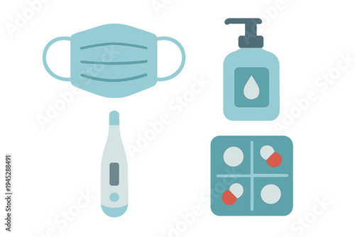 Essential health items including mask, sanitizer, thermometer, and medication organized in a clean layout for healthcare awareness