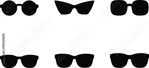 Six Black Silhouette Icons Of Different Sunglasses Styles On White eyewear accessory
