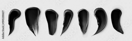Black cosmetic gel or cream smears set isolated on transparent background. Vector realistic illustration of glossy dark paint stroke, charcoal substance swatch, facial mask or makeup product texture