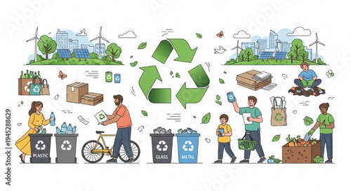 Recycling and Environmental Sustainability People Sorting Waste Eco Vector Illustration