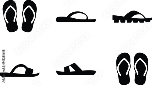 Six Black Silhouette Icons Of Different Types Of Footwear On White shoe sandal