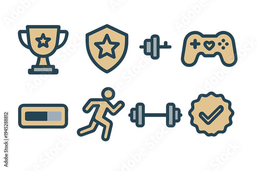 Various icons representing fitness, gaming, and achievement in an engaging design suitable for a modern lifestyle theme