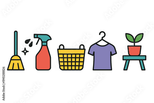 Various cleaning and organizing tools display essential household tasks for tidiness and maintenance