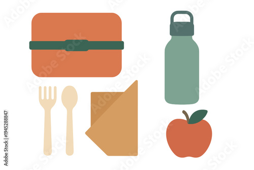 Packed lunch items including a box, water bottle, utensils, and an apple against a white background
