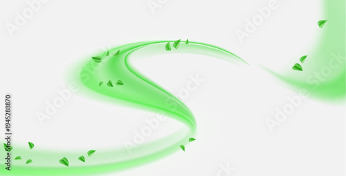 Abstract green wave with fresh leaves swirling on white background. Vector realistic illustration of natural mint leaf flow, summer foliage flying in air, clean spring energy vortex, botanical beauty