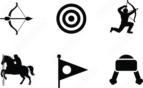 Six Black Silhouette Icons Representing Sports and Activities archery arrow