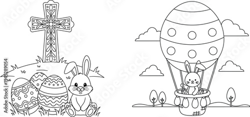 Fantasy castle and rocket ship illustrations in black and white
