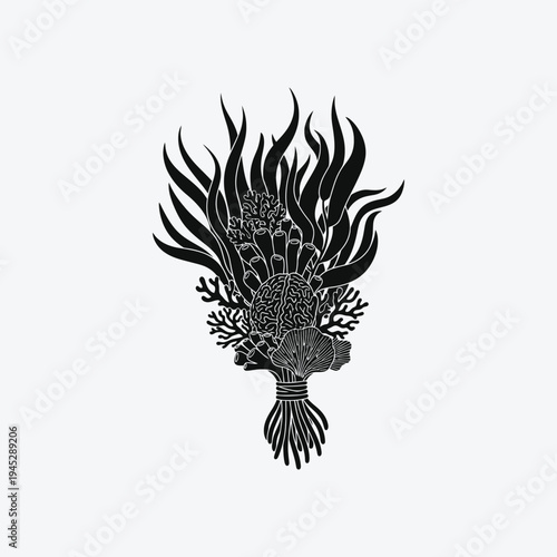 Black and white illustration of a stylized flame and wheat sheaf bundle