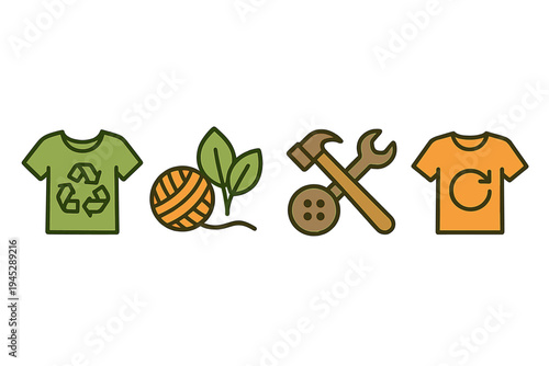 Sustainable fashion symbols showcasing recycling, crafting, and eco-friendly practices in textile design