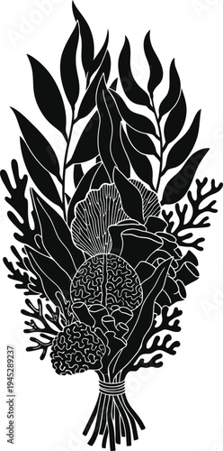 Elegant black and white illustration of a bundle of wheat and leaves