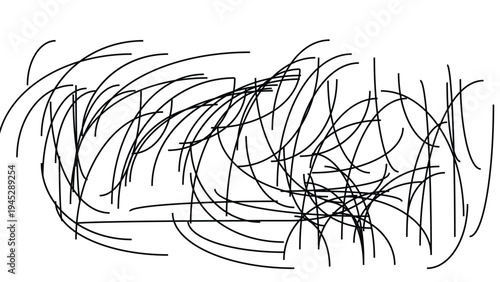 Abstract chaotic mess of curved black lines hand drawn on transparent background pattern