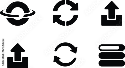 Six black vector icons for refresh reload and upload operations download sync