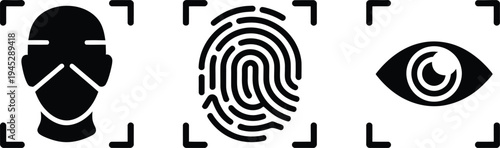 Three biometric security icons with face mask and fingerprint Keywords: biometric, security