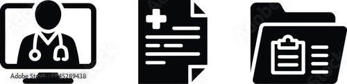 Three black healthcare icons on white background doctor folder and document medical online