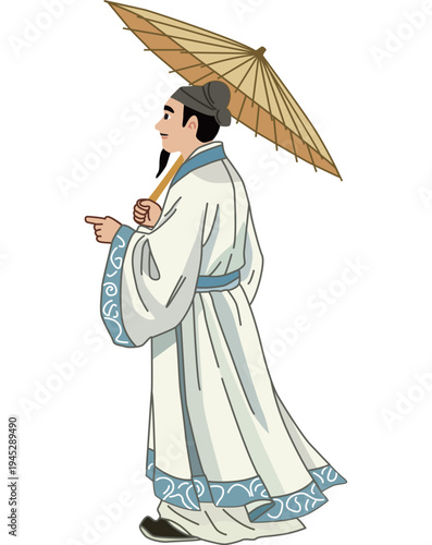 Ancient poet holding an oiled paper umbrella and pointing forward