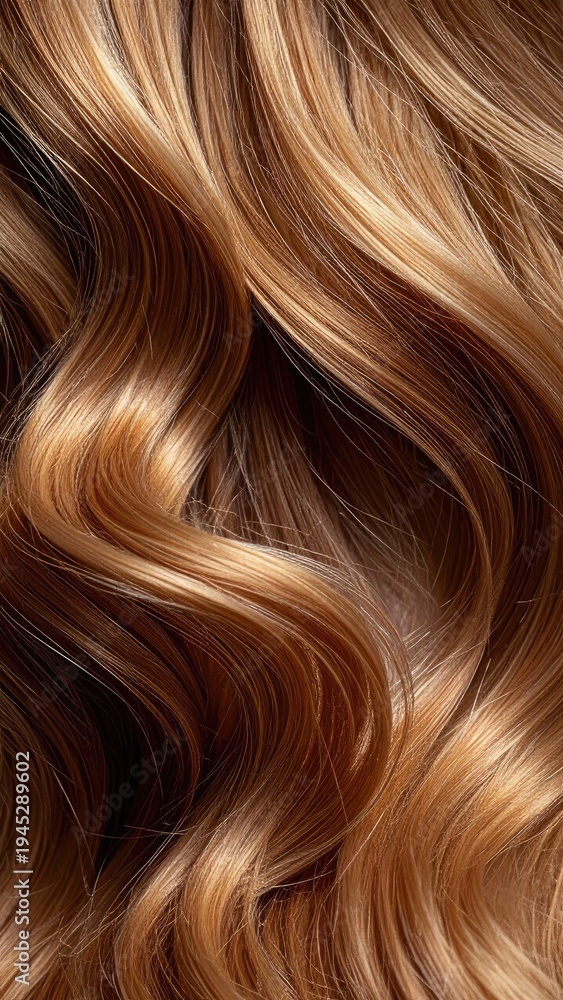 Naklejka premium A close-up shot showcases flowing, wavy hair with a blend of warm brown and golden highlights, creating a luxurious and textured appearance.