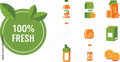 Fresh Orange Juice Packaging Collection Featuring Bottles, Cartons, Jars, and Pitchers with 100% Fresh Label