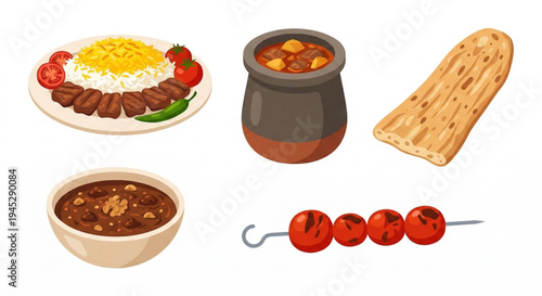 Delicious traditional Middle Eastern and Persian food dishes illustrated. Features kebabs, rice, stews, and flatbreads, celebrating authentic culinary culture