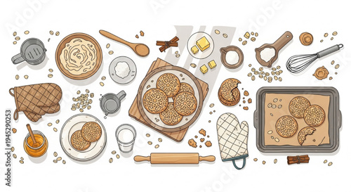 Freshly Baked Oatmeal Cookies Home Baking Cozy Kitchen Vector Illustration