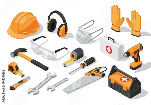 Collection of essential safety and construction equipment including hard hat, earmuffs, goggles, first aid kit, hammer, saw, and tools for protection and repair