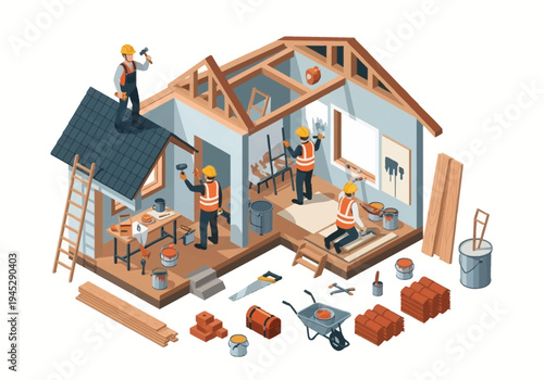 Construction of a house, workers building a wooden frame structure with tools and materials, architectural project in progress