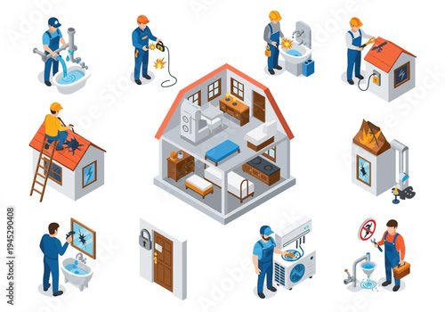 Home repair and renovation services illustrated isometric icons showing various construction, plumbing, and maintenance tasks