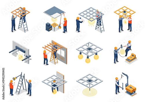 Solar panel installation process with electricians and construction workers