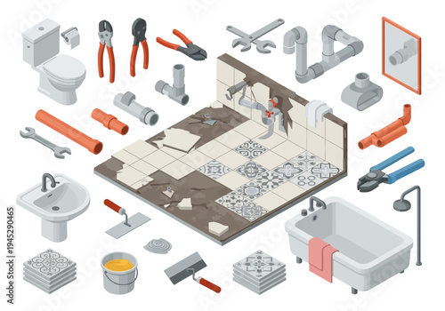 Collection of plumbing and renovation tools, pipes, and bathroom fixtures for home repair and construction projects