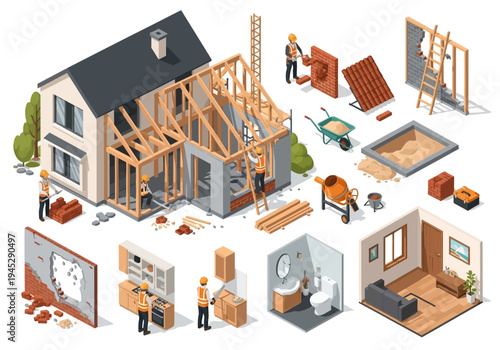 Construction project in progress showing home building stages from framing to finishing with associated tools and materials