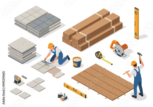 Home renovation and construction elements, including tiling and flooring with tools and materials