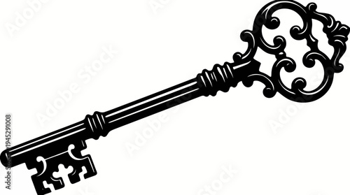 Ornate vintage key silhouette with decorative scrollwork bow and traditional shaft, symbolizing mystery, secrets, history, and unlocking potential in elegant antique design.