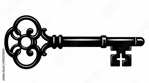 Ornate vintage key silhouette with decorative scrollwork bow and traditional shaft, symbolizing mystery, secrets, history, and unlocking potential in elegant antique design.