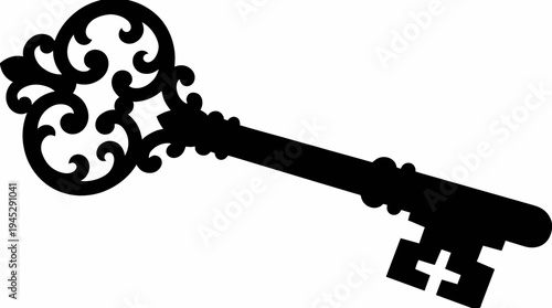 Ornate vintage key silhouette with decorative scrollwork bow and traditional shaft, symbolizing mystery, secrets, history, and unlocking potential in elegant antique design.