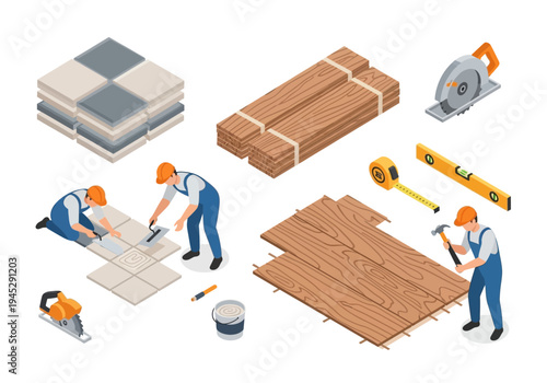 Construction and renovation home improvement DIY tiling and woodworking with tools and materials