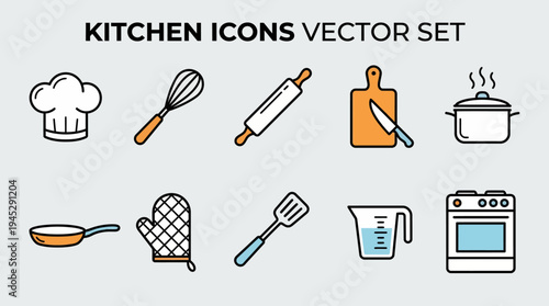 Kitchen and cooking icon set with chef’s hat, utensils, pot, oven, mitt, cookbook, rolling pin, frying pan, colander, uniform, and mixer, stylized in orange, navy, and white design.