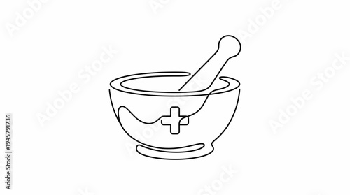 Minimalist line art of mortar and pestle with medical cross, symbolizing pharmacy, medicine, and culinary preparation, blending tradition, healthcare, and artistic simplicity in black outline.