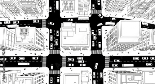 Aerial view of a busy city intersection with traffic and buildings.