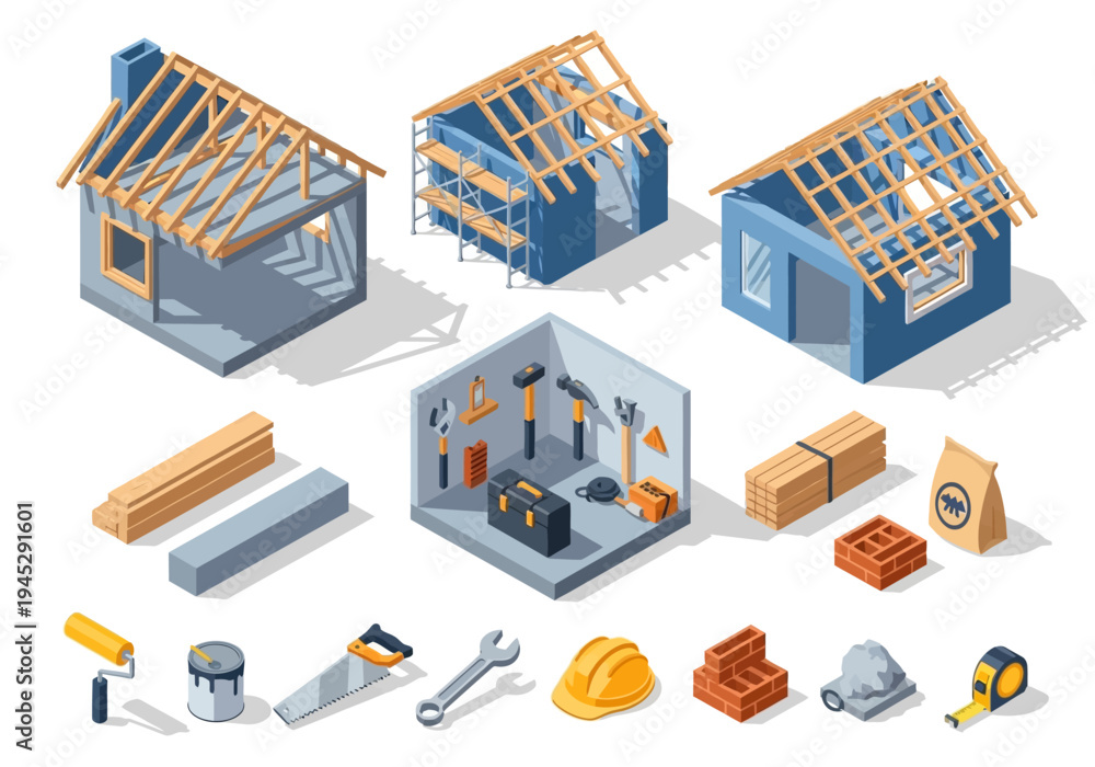 Fototapeta premium Construction and renovation isometric icons and elements, showcasing tools, materials, and building stages for home improvement projects