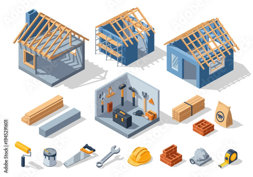 Construction and renovation isometric icons and elements, showcasing tools, materials, and building stages for home improvement projects